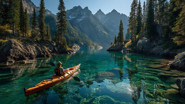  Kayaker exploring Moraine Lake in Banff National Park in the Canadian Rockies, kayaking on the river, kayak on the river, canoe on the lake, kayak on the lake, kayaking on the lake