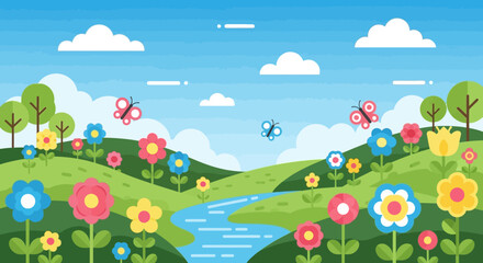 Naklejka premium Colorful Flowers in Cartoon Landscape Scene.