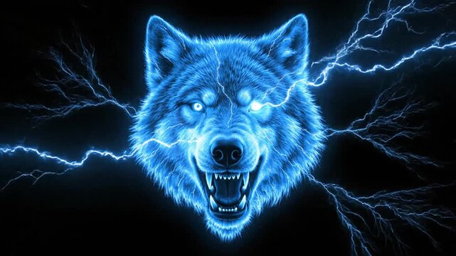 Neon blue wolf head crackling with lightning against a dark background.