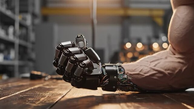 Bionic prosthetic arm connected to muscular human forearm resting on wood