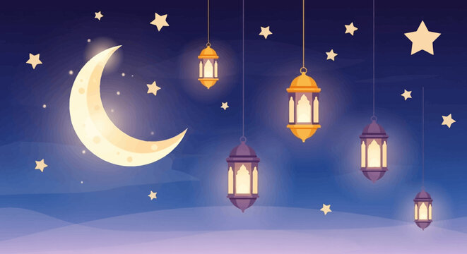 Crescent Moon Lanterns Night Sky Illustration.