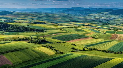 Vast Fields: An aerial view showcases an expanse of rolling hills and patchwork fields, a symphony of color and texture under the vast, open sky.