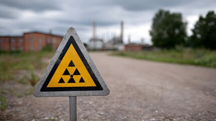 A yellow radiation hazard warning sign stands near a gravel road in front of a blurred industrial complex under a cloudy sky
