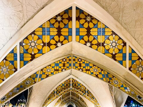 Islamic geometric patterns and mosaic tiles on the ceiling arches of the Al-Jabbar Grand Mosque, West Java, Indonesia