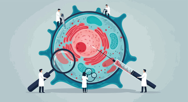 Cell Biology Research. Microscopic Cell Study. Scientific Illustration. Detailed Cell Structure. Medical Analysis.