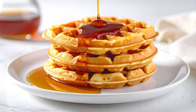 Delicious stack of freshly baked waffles drenched in golden syrup