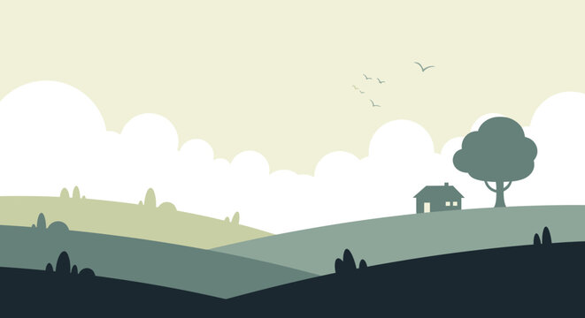 Vector Artistic Tree with House on Hillside.