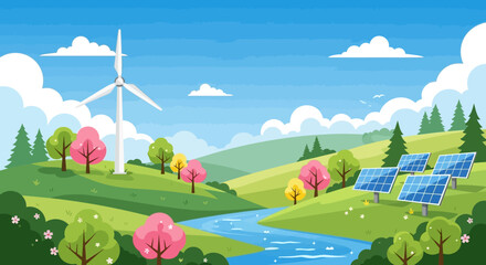 Naklejka premium Wind Turbine and Solar Panels in Landscape.