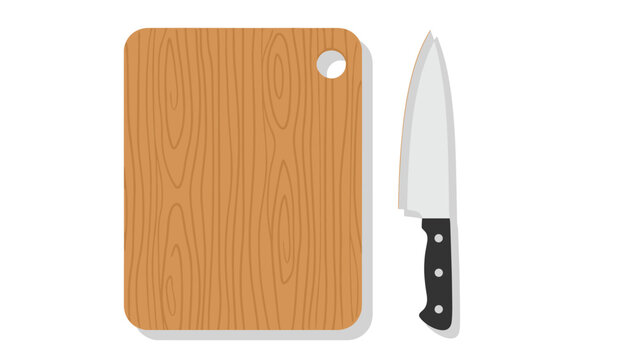 Rectangular wooden cutting board with a modern steel kitchen knife placed alongside for meal preparation on a clean white background.