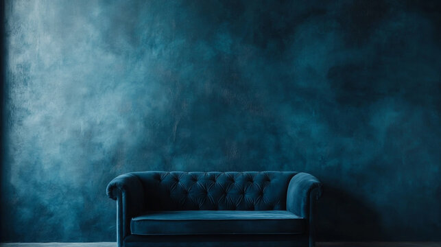 Elegant dark blue velvet tufted Chesterfield sofa placed against a moody textured blue wall in a minimalist luxury interior room with dramatic lighting and copy space