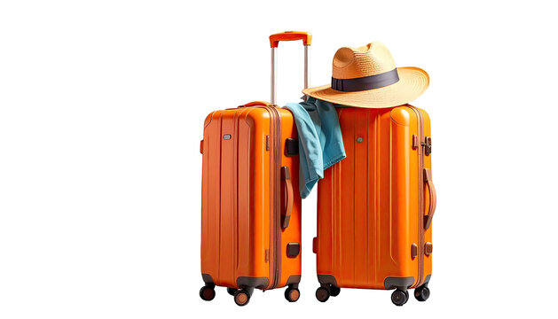 Two bright orange luggage pieces sit, topped with hat and shirt