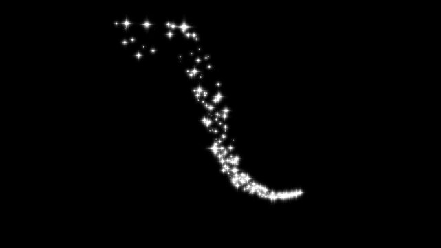 4k glitter sparkles line trail, white cartoon blinking stars, fast line glitter motion, flat vector doodle sparkle, glowing light trails, 2D shining twinkle effect on black screen background.