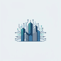 Fototapeta premium Modern city skyline with digital circuit lines vector illustration, buildings.