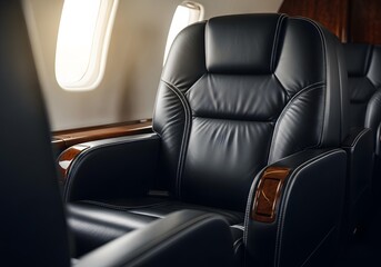 Close-up of luxury private jet leather seat with detailed stitching and premium texture