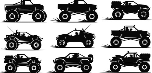 Off road truck silhouette vector set illustration black 4x4 vehicle collection monster pickup desert racing symbols isolated on white background © SHAHARIAR