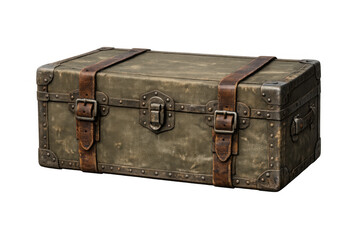 Vintage military trunk with leather straps and metal details, depicting travel, adventure, and antique storage on transparent background