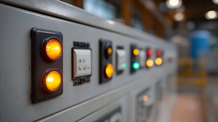 Close up of an industrial control panel with illuminated indicator lights and switches suggesting ope nal status in a factory setting
