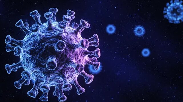 Close-up view of a blue and purple virus particle with spikes for scientific study.
