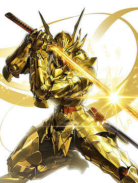 Shining gold mech with dynamic pose and reflections