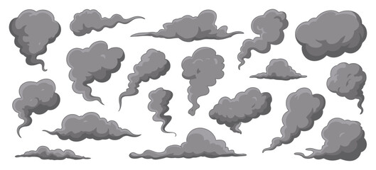 Explosive Smoke Cartoon Clouds, Manga Style Dark Smoke Puffs Swirling Cloud, Bomb Explosion Dust Vapor Steam, Comic Scene Fire Blast Car Exhaust Vector. © Ayat 04