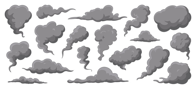 Explosive Smoke Cartoon Clouds, Manga Style Dark Smoke Puffs Swirling Cloud, Bomb Explosion Dust Vapor Steam, Comic Scene Fire Blast Car Exhaust Vector.