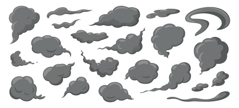 Explosive Smoke Cartoon Clouds, Manga Style Dark Smoke Puffs Swirling Cloud, Bomb Explosion Dust Vapor Steam, Comic Scene Fire Blast Car Exhaust Vector.