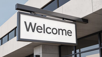 Fototapeta premium Welcome sign outside modern building exterior in city 