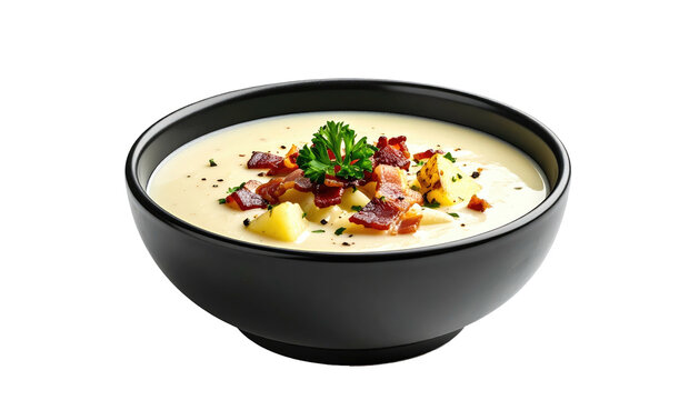 Creamy soup with potatoes, bacon, and parsley in a black bowl