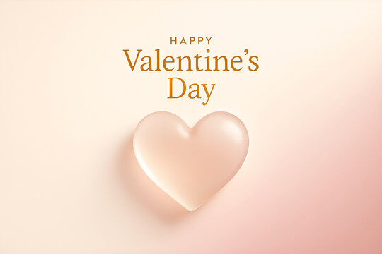 happy valentines day - Happy Valentine&rsquo;s Day text in elegant golden-brown typography above translucent 3D heart on soft pastel gradient background. Romantic holiday illustration symbolizing love, affe