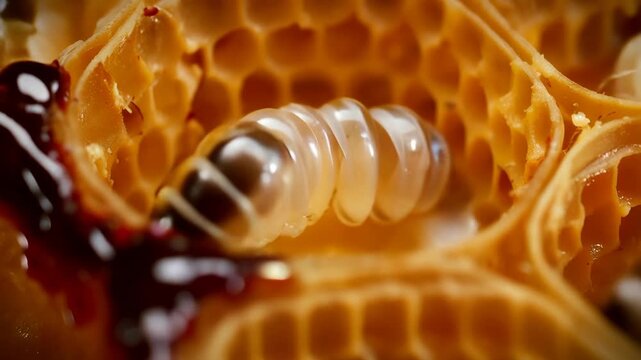 Honeycomb brood cell details featuring a developing honeybee larva close up