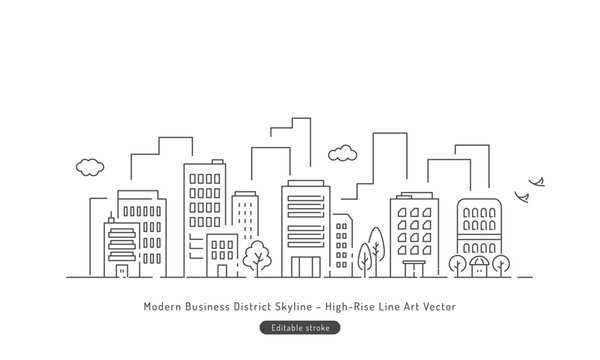 高層ビルが立ち並ぶオフィス街のモダンなベクターイラスト。会社案内やコーポレートサイトの背景に最適。（線画・モノクロ）Editable stroke