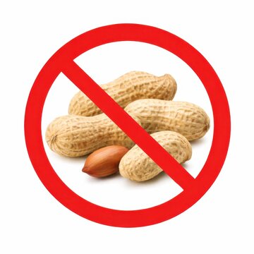 No peanuts sign with red prohibition circle over whole and shelled peanuts