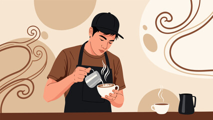 Vector illustration of a barista pouring coffee in a cozy caf&eacute; environment from a top-down viewpoint 28.eps