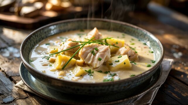 Dishes of Scottish cuisine. A soup called Cullen Skink. This thick creamy soup or chowder is usually made with smoked haddock, potatoes and onions.