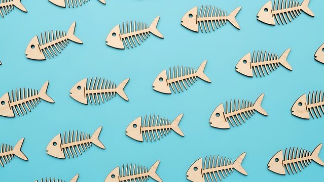 Patterned fish skeletons on blue background