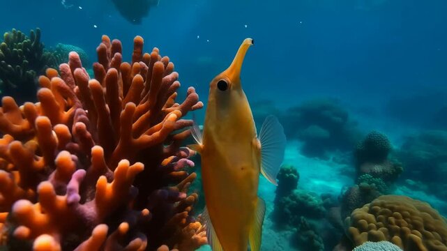 Longnose filefish swimming beside a vibrant coral reef ecosystem underwater wildlife