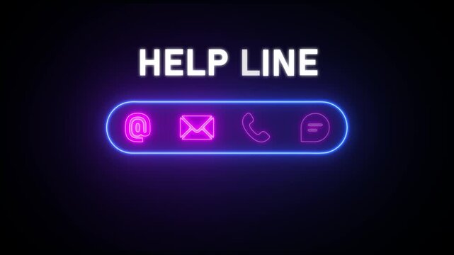 Neon help line icons with glowing text on dark background support communication