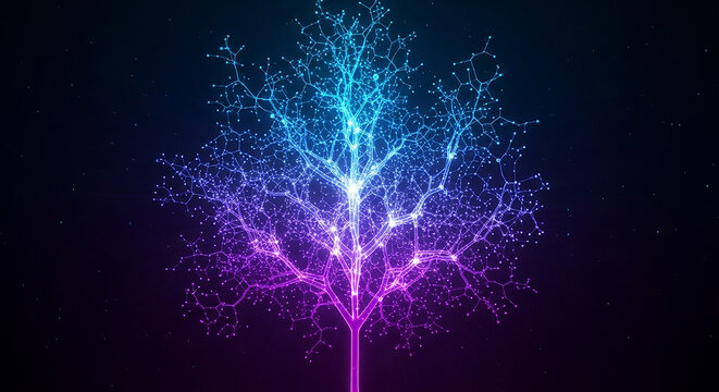 A glowing tree with vibrant branches and trunk illuminated in blue and purple hues against a dark background, seen from a front viewpoint
