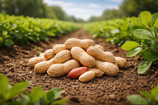 Pile of peanuts in shells with some shelled nuts on soil in farm field