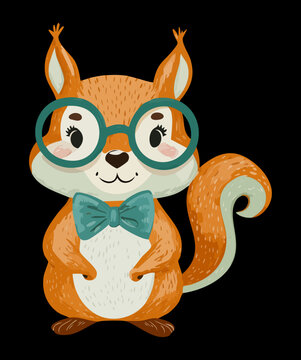 Intellectual squirrel wearing glasses and bowtie for library and reading education concept in dark forest scene illustration