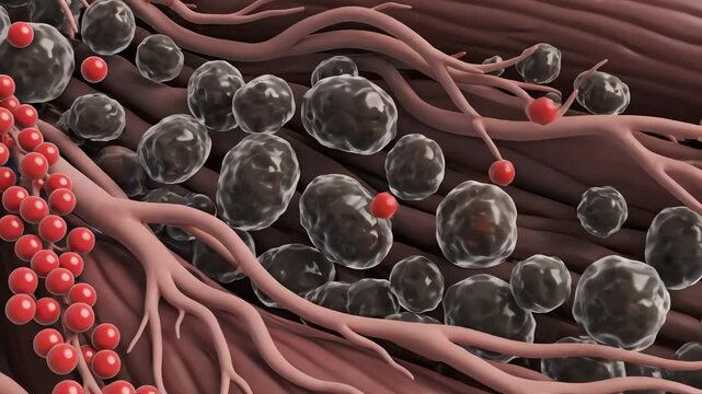Muscle fatigue in anemia. Skeletal muscle fibers receive reduced oxygen delivery, mitochondria produce less ATP, and energy pulses weaken quickly. The animation illustrates tiredness, weakness