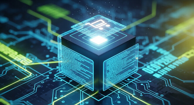 A 3D cube with binary code on a circuit board background, showcasing technology and innovation from a top viewpoint