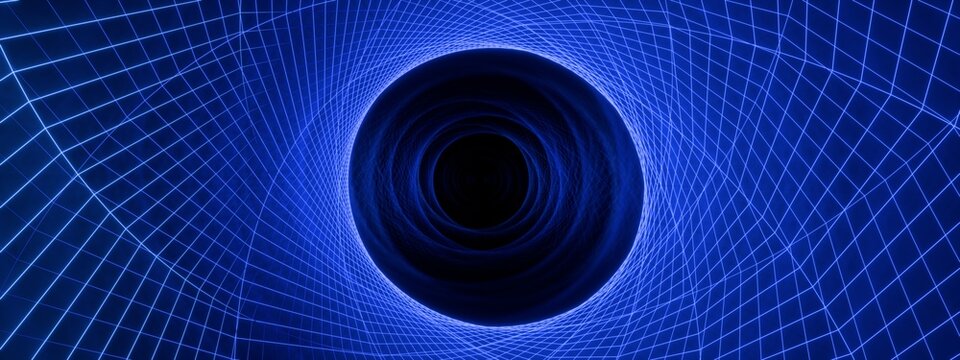 Abstract blue neon wireframe wormhole tunnel, geometric lines, circular vortex background for science fiction and physics