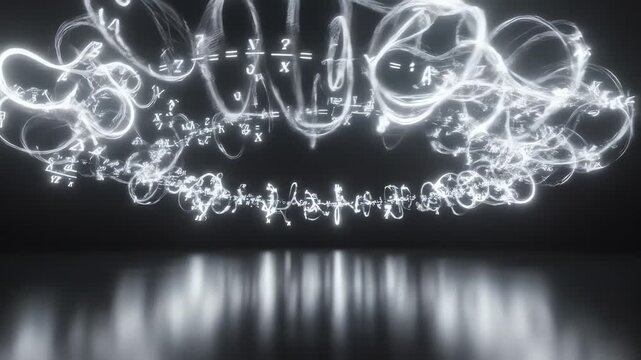 Abstract glowing mathematical equations floating on reflective surface