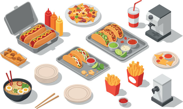 Assortment of delicious fast food items including hot dogs, tacos, french fries, nachos, and ramen in isometric view