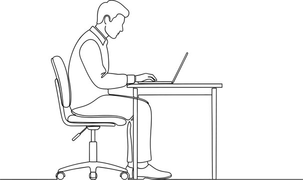 Continuous one line drawing of a man working on a laptop at desk, minimalist office work concept vector illustration