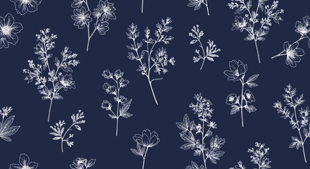 White dandelion flowers on dark blue background seamless pattern.