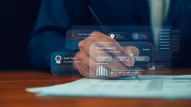 Compliance and audit trail system for risk monitoring and regulation. This business dashboard security and governance concept shows digital data management for corporate transparency.