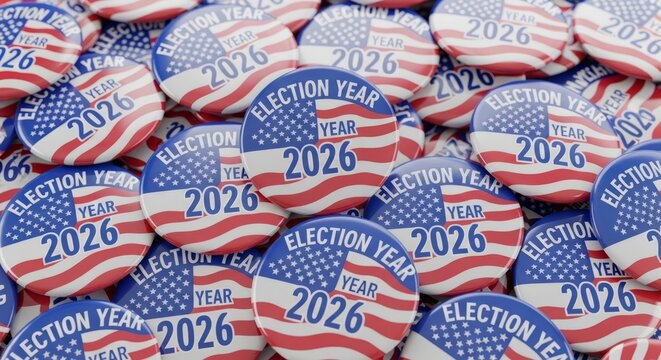 Massive pile of circular campaign buttons promotes the 2026 election year with American flag motifs and patriotic symbolism scattered across the surface.