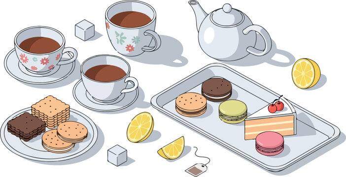A delightful assortment of tea time treats including a teapot, cups, cookies, cake, macarons, and lemons